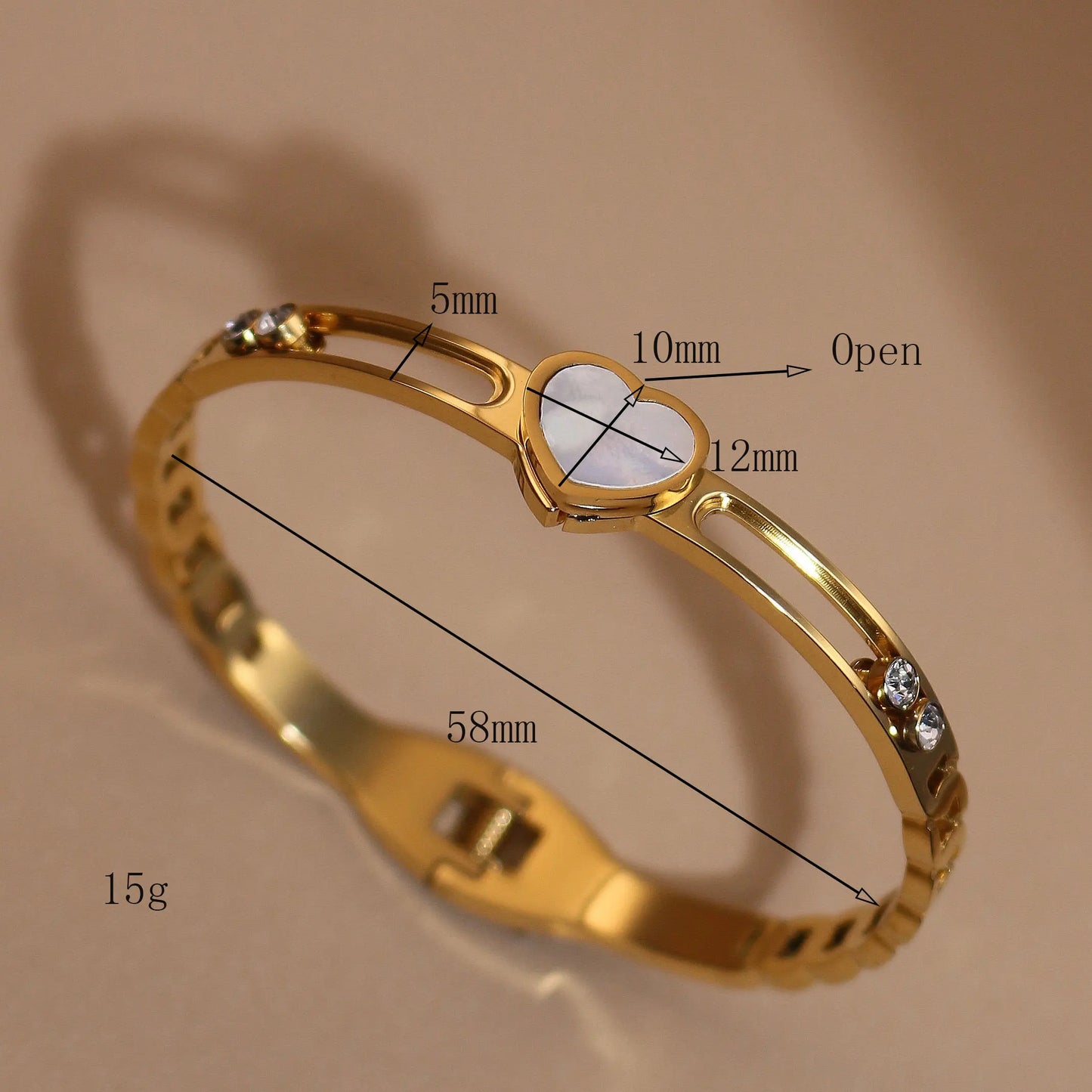 Luxury Heart-Shaped Shell Zircon Design 18K Gold-Plated Stainless Steel Bracelet Bangles