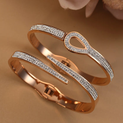 Women Stainless Steel Crystal Hollow Water Drop Open Bracelet Bangle