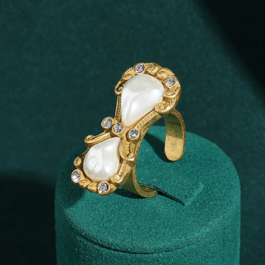 Vintage 18k Gold Color Bowknot Pearl Ring White Natural Stone Opening Luxury Designer Antique Jewelry For Woman Wedding 2025 Trends