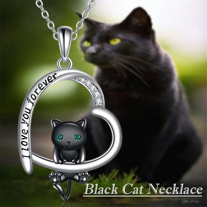 Men Women Mystery Black Cat Lovers Heart-shaped Fashion Pendant Necklace