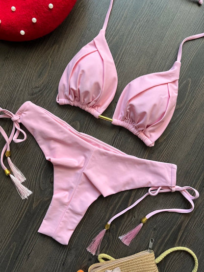 Solid Color Bikini Swimsuit Hanging Neck Rope Split Swimsuit 2-piece Beachwear Suit