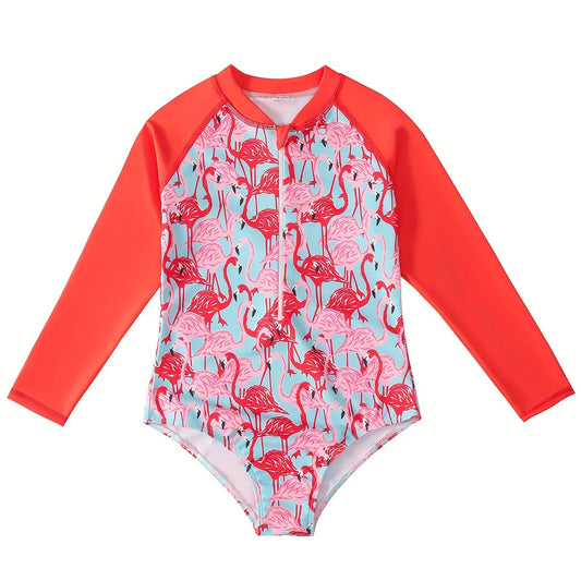 Kids Girl Orange Long Sleeve Animal Flamingo Print Beach Bikini Cut Bottom Swimwear Suit