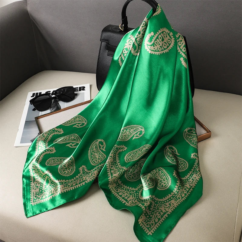 90cm Women Vintage Paisley Square Silk Shawls Printed Wraps Bandana Scarves