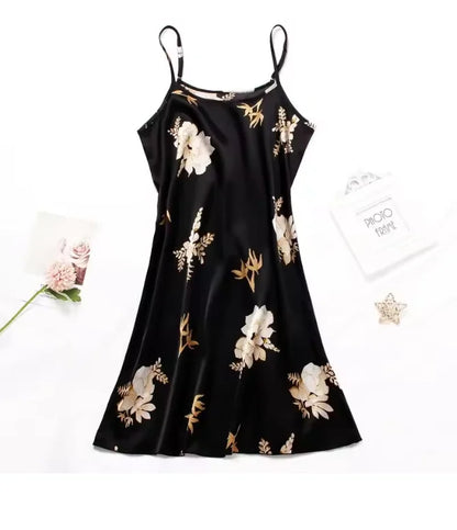 Women Nightwear Black Floral Print Nightdress Sleepwear Gowns