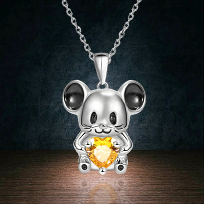 Cute Cartoon Animal Heart-shaped Orange Crystal Mouse Pendant Necklace