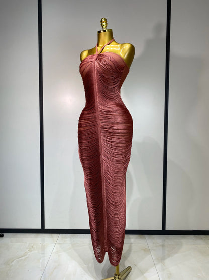 Women Sexy Celebrity Backless Halter Tassel Bandage Evening Party Birthday Wedding Dress