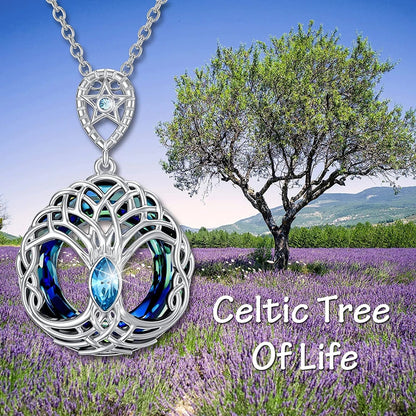 Women Luxury Sparkling Zircon Round Blue Crystal Tree of Life Pendant Necklace