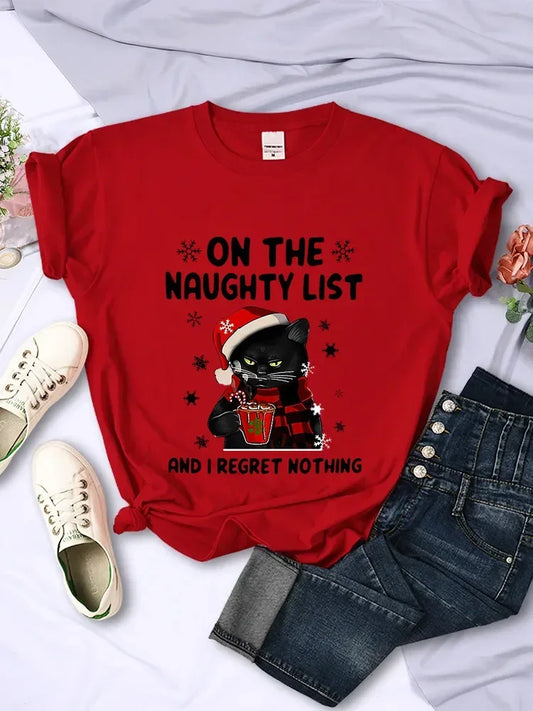 CHRISTMAS SANTA CAT ON THE NAUGHTY LIST AND I REGRET NOTHING Fashion Tee Harajuku Tops