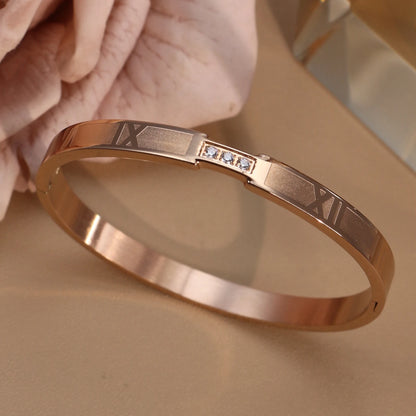 Women Zircon Roman Numeral Stainless Steel Plated 18K Gold Bracelet