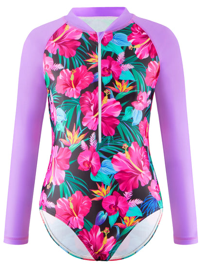 Girls Kids One Piece Long Sleeve Floral Print Bikini Cut Bottom Swimwear Beach Swim