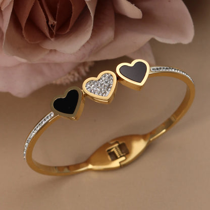 Stainless Steel Double Row Crystals Heart-Shaped Designs Open Clasp Charm Bangle Bracelet