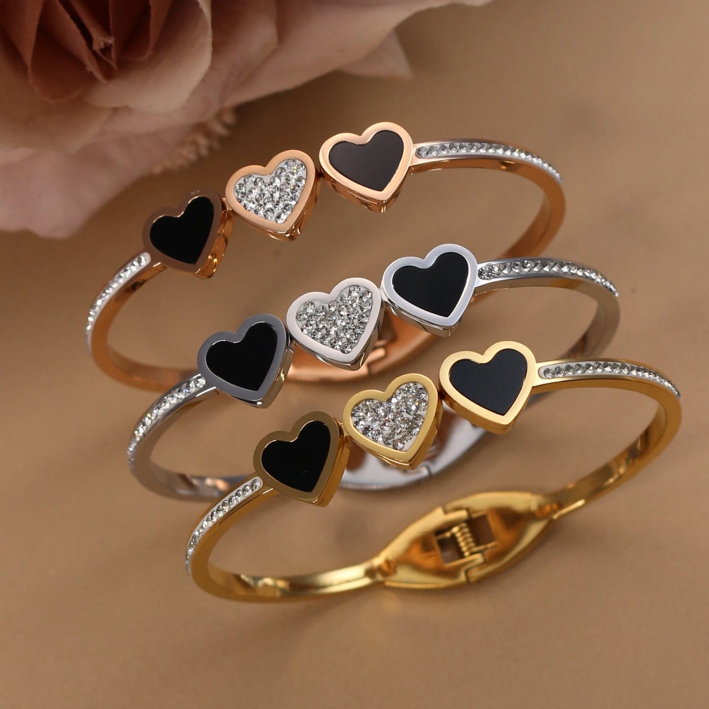 Stainless Steel Double Row Crystals Heart-Shaped Designs Open Clasp Charm Bangle Bracelet
