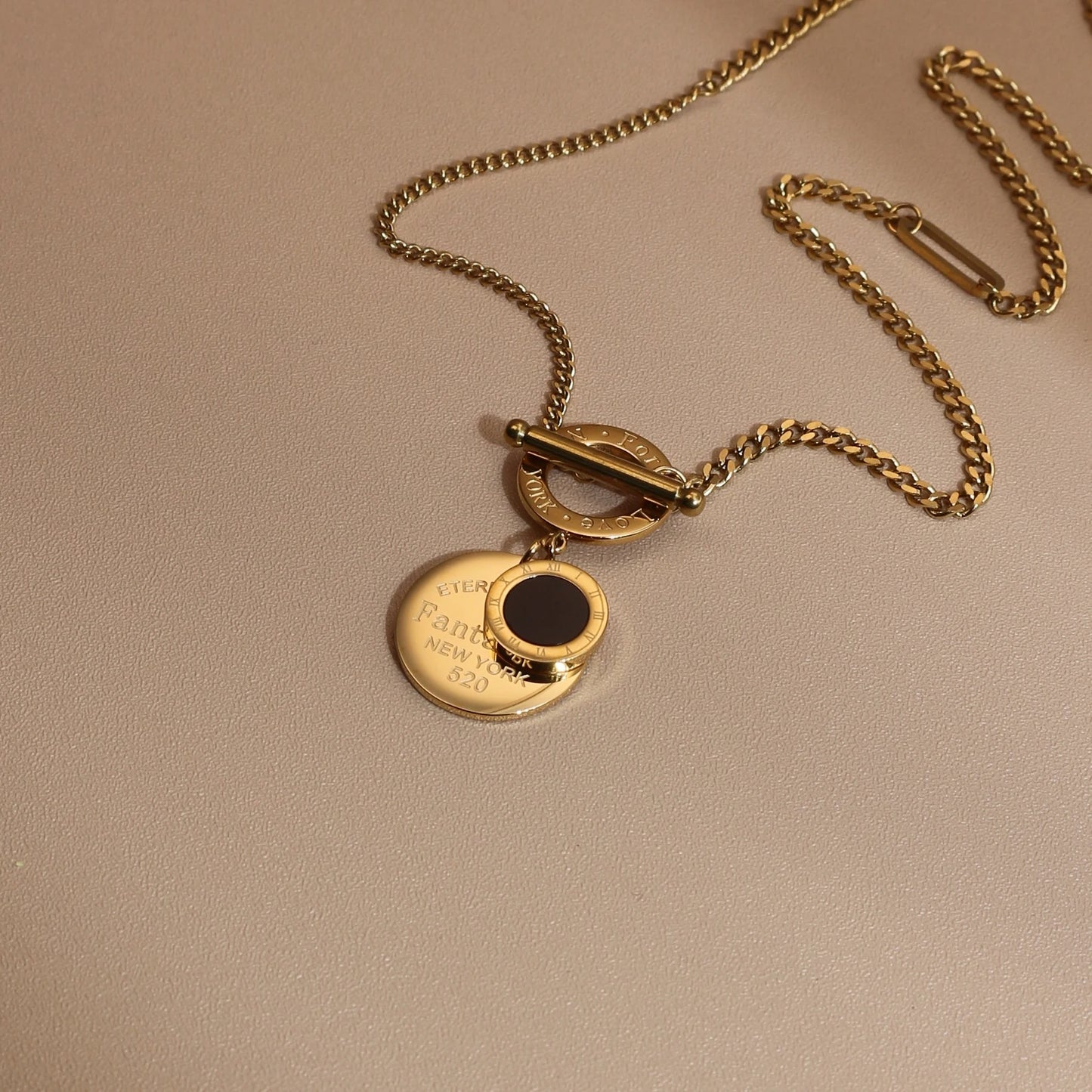 FOREVER LOVE Roman Numeral Round Stainless Steel 18K Gold Pated Women's Pendant Necklace