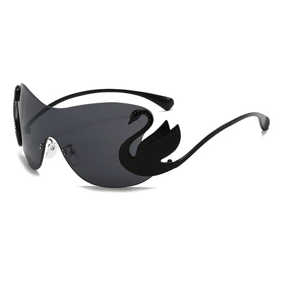 Y2k Women Fashion Swan Inlay Gradient Lens Shades Oversized Rimless Sunglasses Glasses