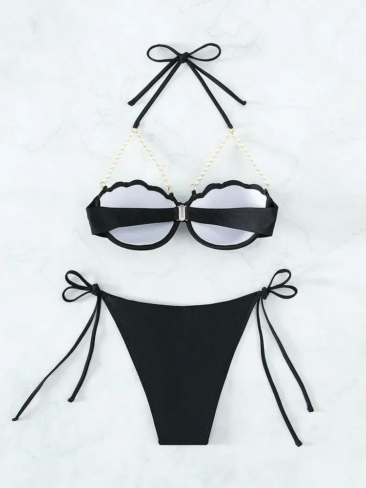 Sexy Women Pearls Swimwear Push Up Bathing Swimsuit Solid Underwired Bra Cup Bikini Set