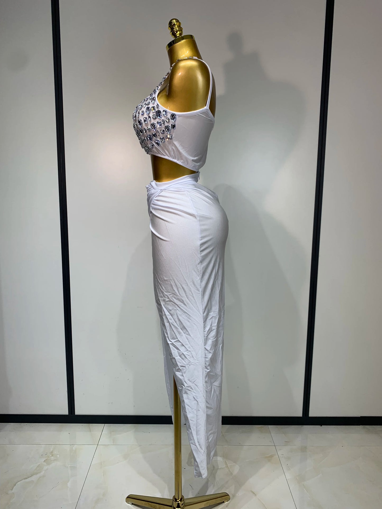 Women Sparkly Rhinestone Crop Tops Long Skirt Two Pieces Birthday Party Dinner Dress