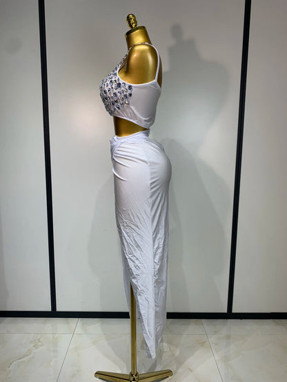 Women Sparkly Rhinestone Crop Tops Long Skirt Two Pieces Birthday Party Dinner Dress