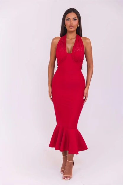 Sleeveless Fishtail Women Halter Deep V Neck Backless Bodycon Party Sexy Long Dress