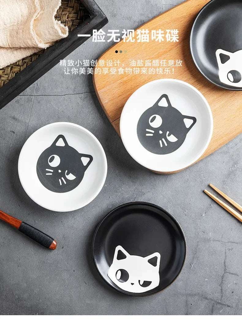 Ceramic Cartoon Cat Japanese Soy Sauce Vinegar Roast Meat Dip Round Snack Plate Bowl Dishes