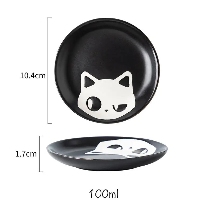 Ceramic Cartoon Cat Japanese Soy Sauce Vinegar Roast Meat Dip Round Snack Plate Bowl Dishes