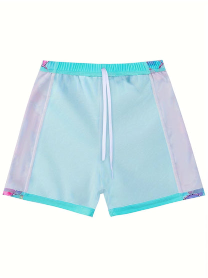 2pcs Kids Girls Short Sleeve Tops Swim Shorts Scale Print Patchwork Beach Bathing Swimwear