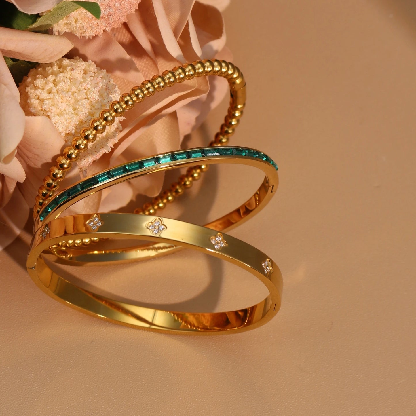 Women 18k Gold Plated Stainless Steel Green Zircon Bangles Bracelet Set Gift.