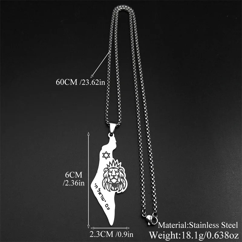 Women Men Stainless Steel Gold Color Magen Jewish Star David Hebrew Israel Map Lion of Judah Pendant Necklace