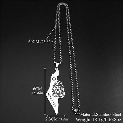 Women Men Stainless Steel Gold Color Magen Jewish Star David Hebrew Israel Map Lion of Judah Pendant Necklace