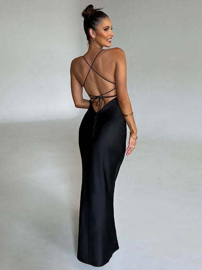 Women Satin Backless Maxi Spaghetti Strap Sleeveless Bodycon Long Dress f