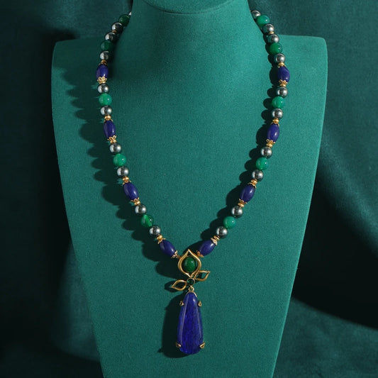 Women Long Blue Natural Stone Vintage Beaded Chain Pearl Designer Pendant Necklaces
