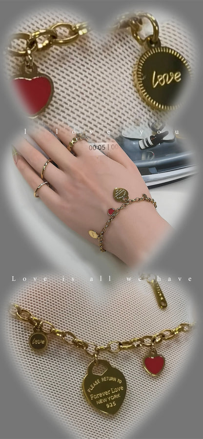 Women Fashion Stainless Steel Gold color Bangle LOVE Heart Pendant LOVE Bracelet