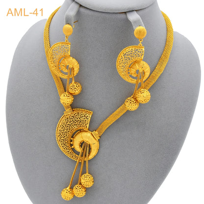 Dubai 24K Gold Plated Women Heart African Indian Bridal Wedding Necklace Earrings Jewelry Set