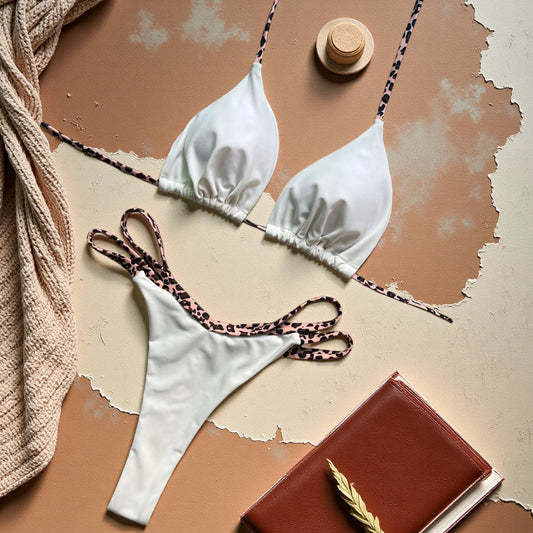 Women Push Up Bra Hollow Out White Leopard Print Patchwork Micro Bikini Thong Swimsuit Beach Bathing Suit