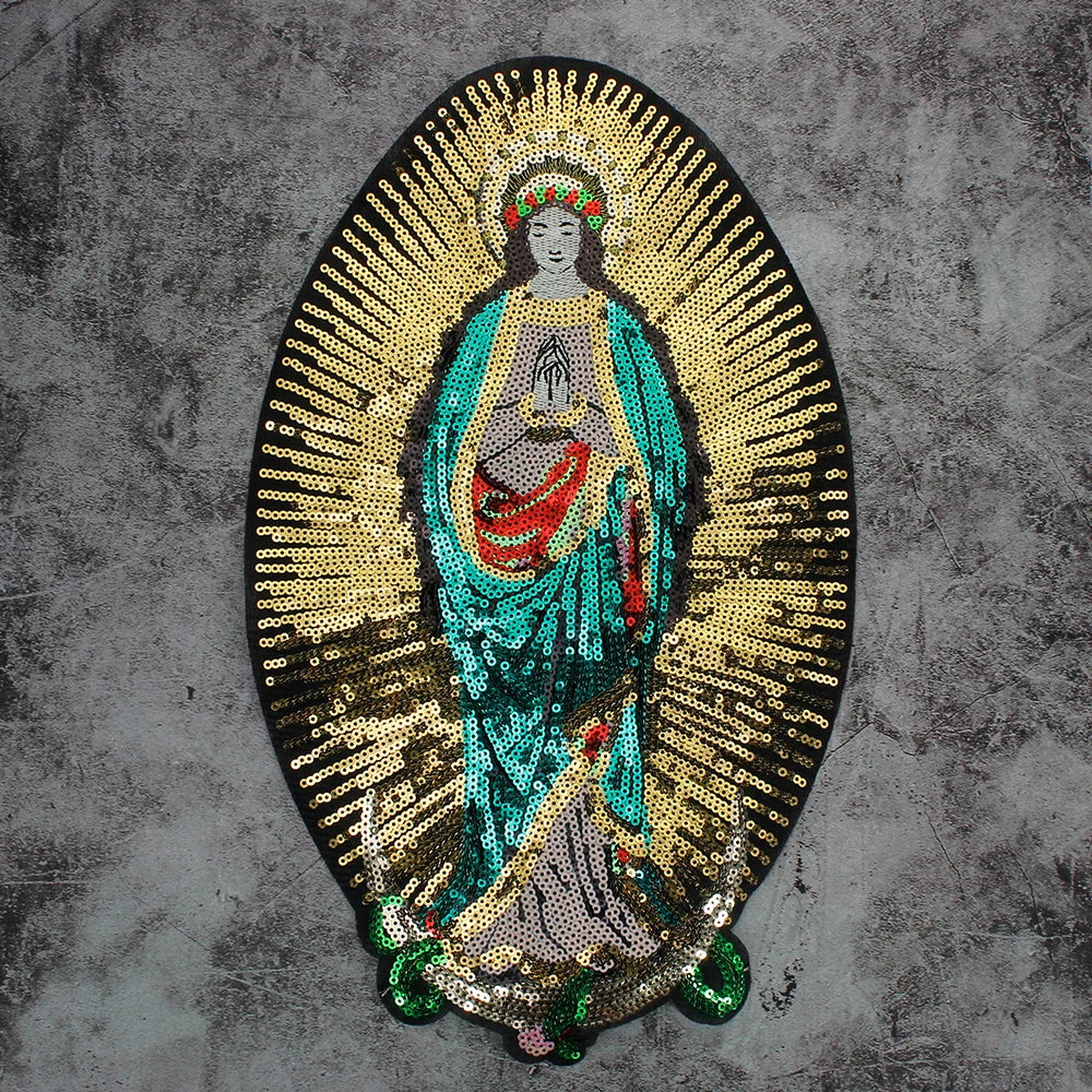 Large Sequins cross rose Blessed Virgin Mary Goddess Embroidery Patches for Clothes DIY sew Stripes Applique