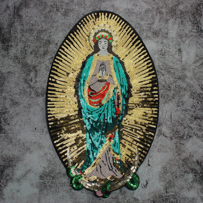 Large Sequins cross rose Blessed Virgin Mary Goddess Embroidery Patches for Clothes DIY sew Stripes Applique