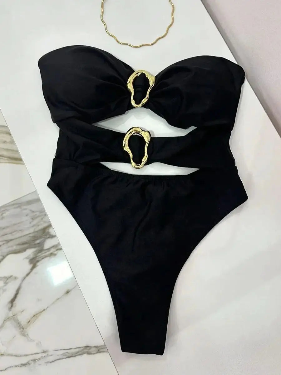Sexy Metal Rings Cut Out Swimwear One Piece Swimsuit High Leg Cut Bather Bathing Suit