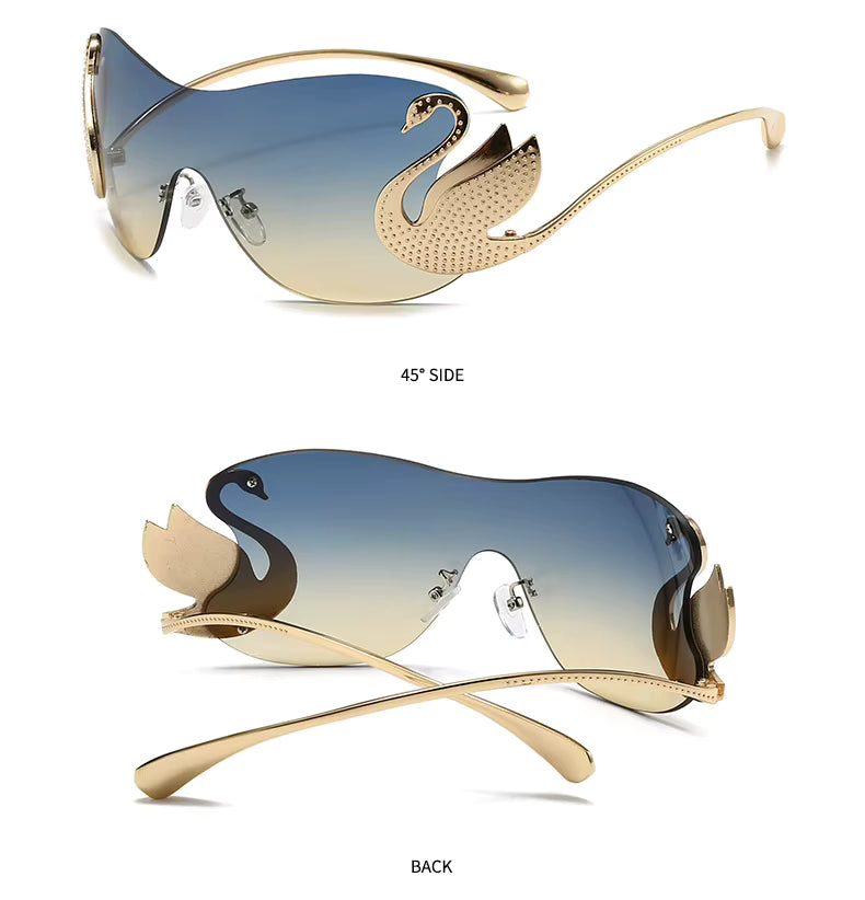 Y2k Women Fashion Swan Inlay Gradient Lens Shades Oversized Rimless Sunglasses Glasses