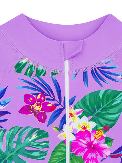 Long-Sleeved Purple Kids Girls One-Piece Tropical Plants Print Boyleg Rash Guard Beach Swimming Suit