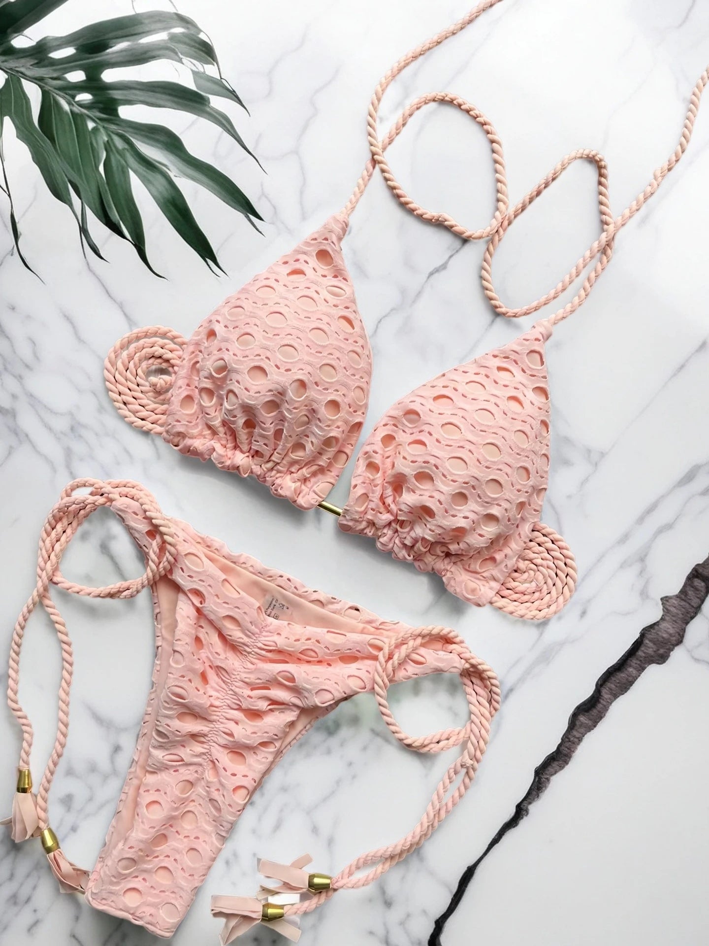 Sexy solid color swimsuit 2-piece w/ tassel straps bikini split beach swimwear Suit