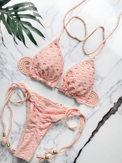 Sexy solid color swimsuit 2-piece w/ tassel straps bikini split beach swimwear Suit