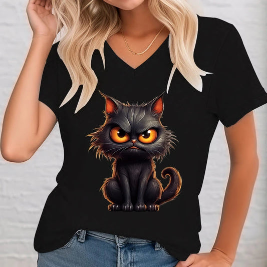 Angry Cat Print V-Neck Women Short Sleeve 3D Kitten Shirt Funny Animal Tees Shirt