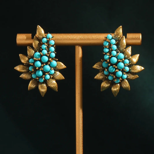 Women Vintage Beaded Sea Blue Natural Stones Tree Leaf Antique Bohemia Stud Earrings