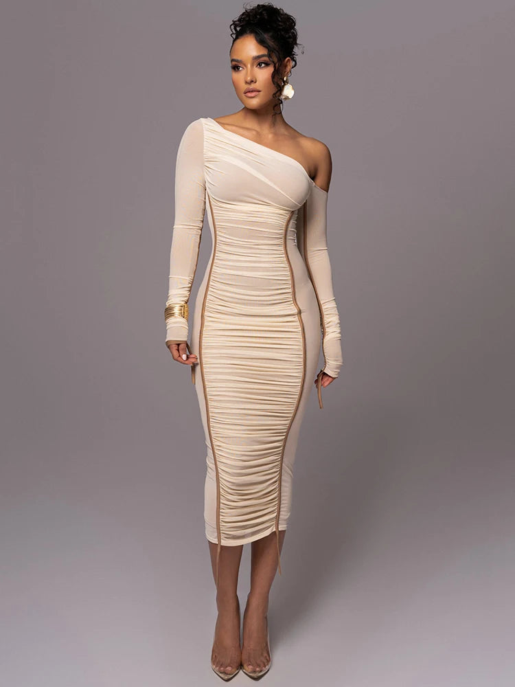 Sexy Diagonal Collar Long Sleeve Midi Two Layer Mesh Backless Ruched Bodycon Club Party Maxi Dress