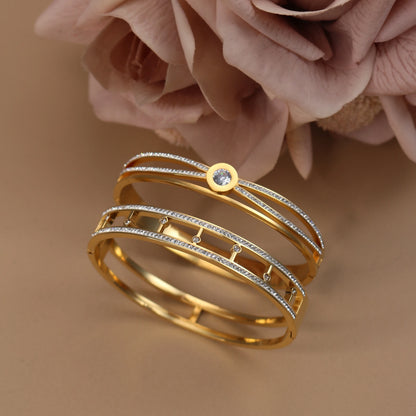Women Stainless Steel Cross Small Zircon Round Charm Crystal Bangle Bracelet