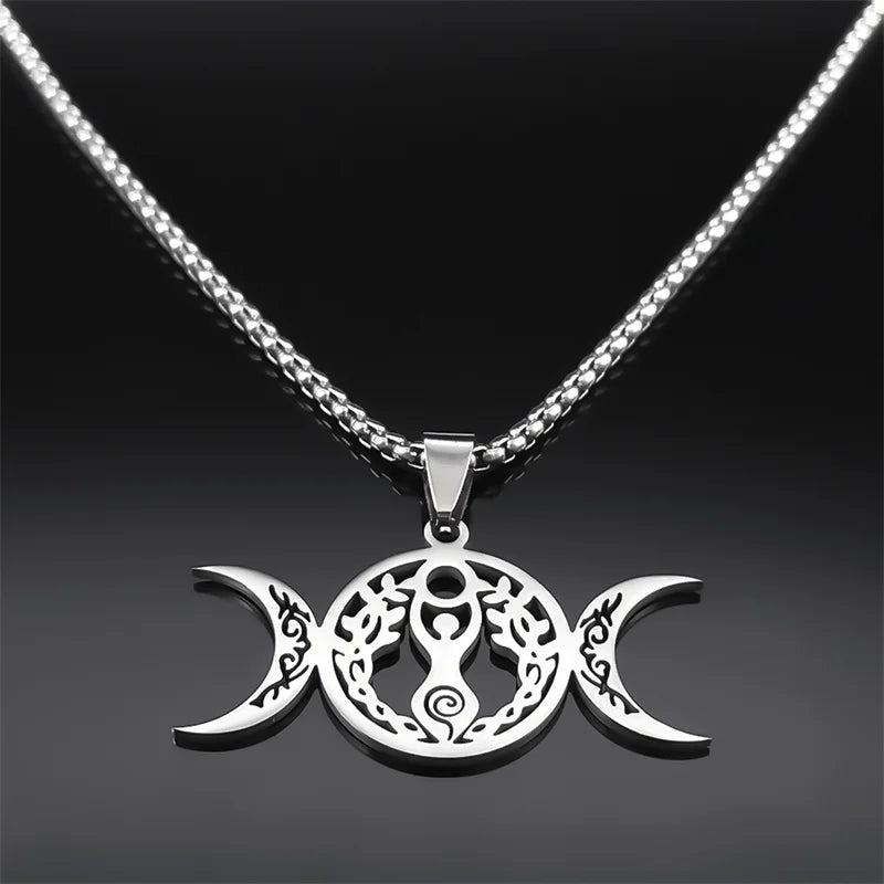 Women Men Stainless Steel Silver Color Amulet Witch Triple Moon Goddess Luna Necklace