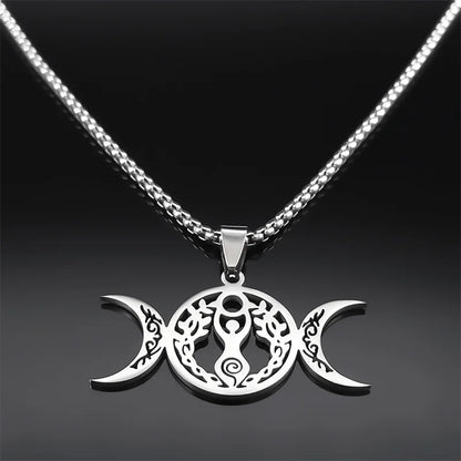 Women Men Stainless Steel Silver Color Amulet Witch Triple Moon Goddess Luna Necklace