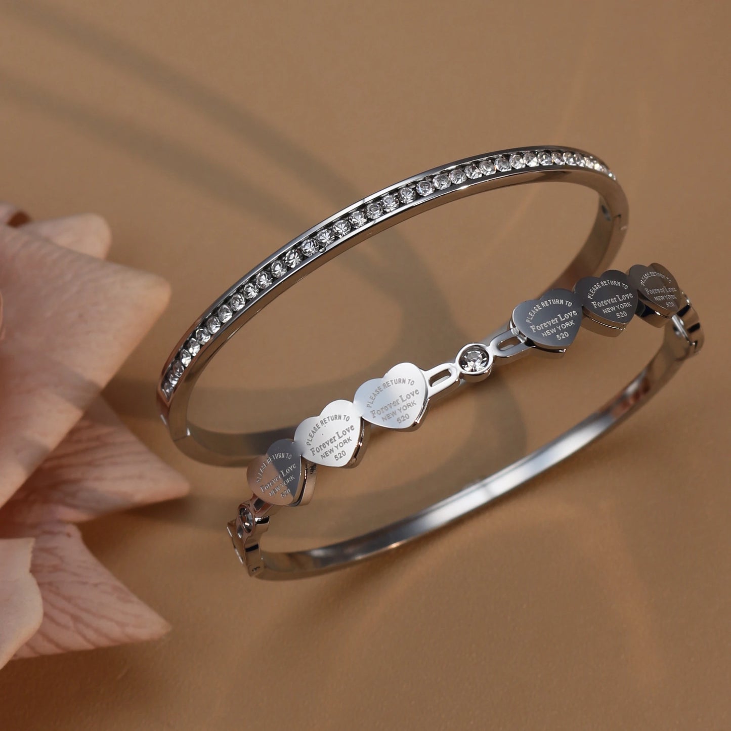 Delicate Stainless Steel Gold Color Peach Heart Crystal Design Charm Bangle Bracelet