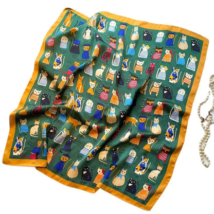 Women Fashion Silk Satin Cats Pets Printed Wrap Scarf Bandana Scarves