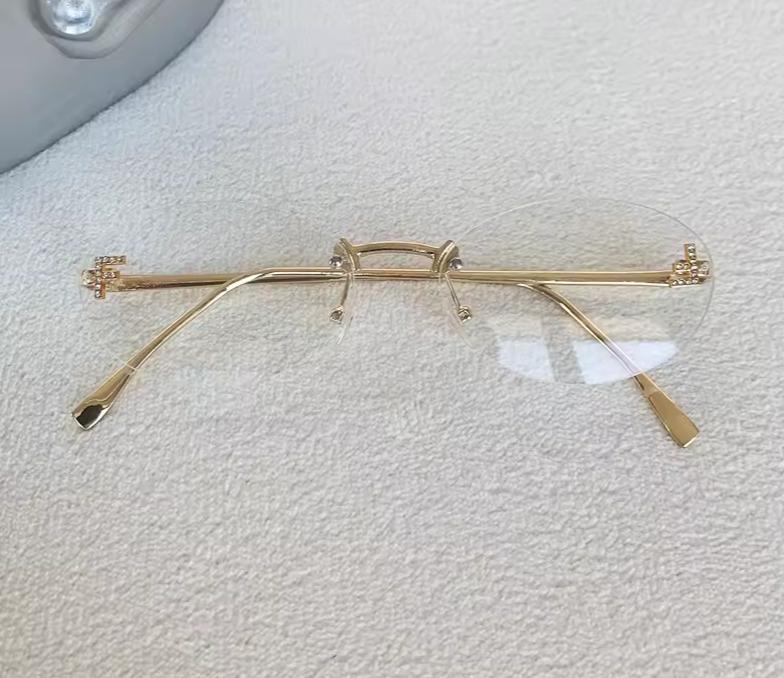 Women Fashion Rimless UV400 Oval Diamond F Letter Sunglasses Eyewear