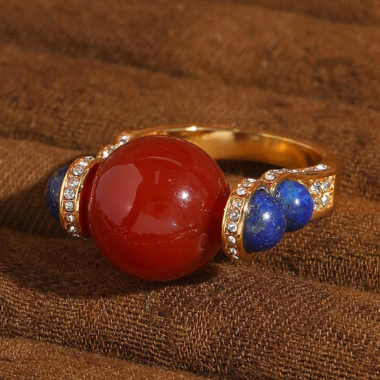 Women Vintage Red Agate Horseshoe Rhinestone Crystal Antique Gold Color Ring